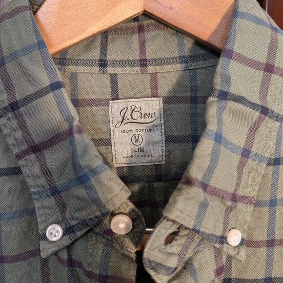 J Crew 100% Cotton Oxford Green Plaid Shirt - M Slim - Picture 2 of 5